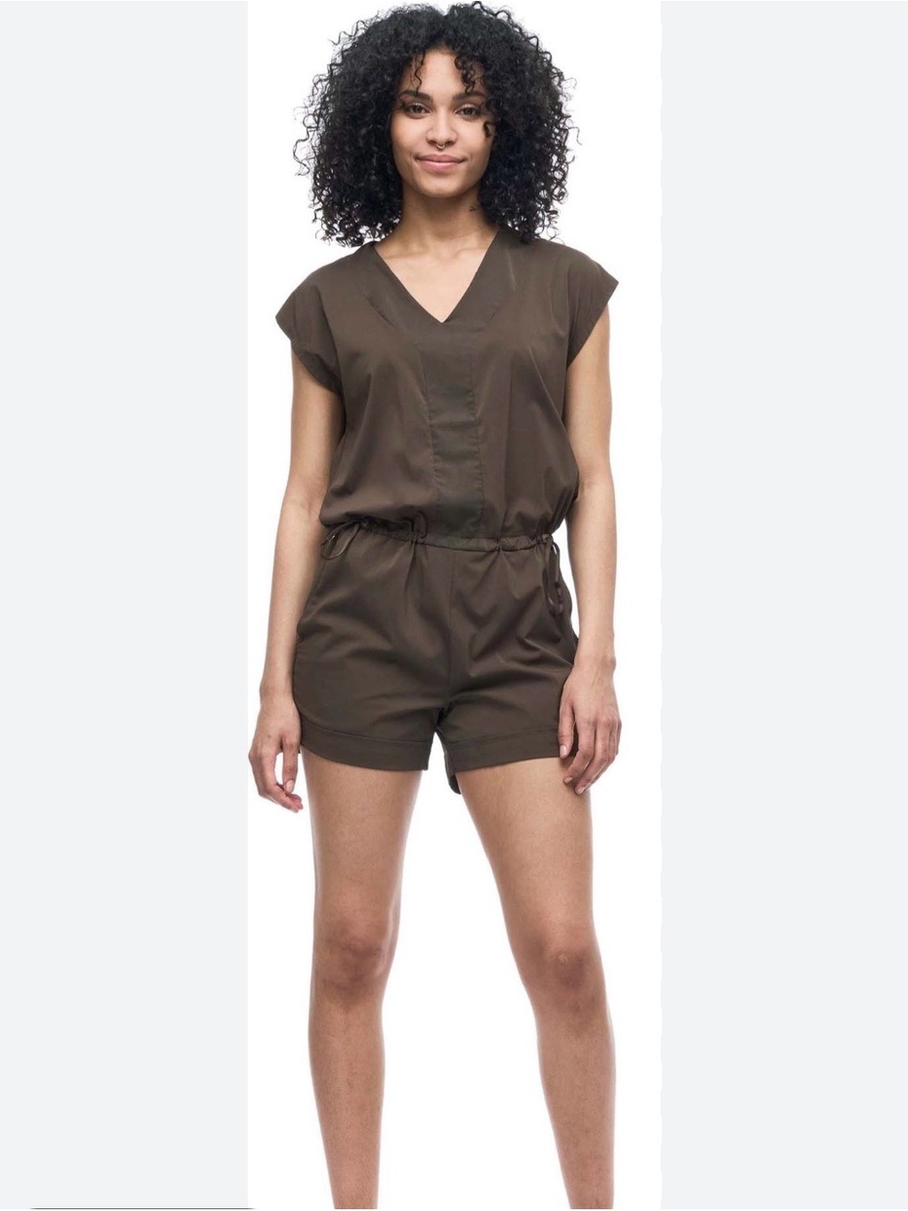 V-Neck Olive Short Sleeve Drawstring Romper